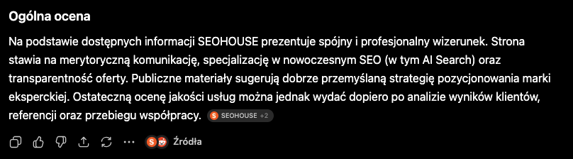 Odpowiedź ChatGPT o SEOHOUSE z zaznaczonymi źródłami – Reddit i seohouse.pl
