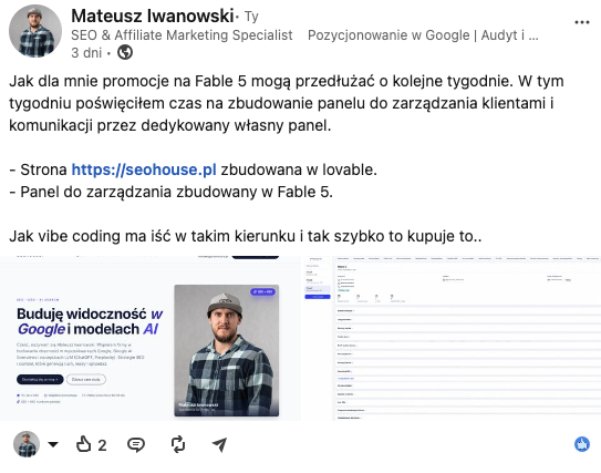 Post Mateusza Iwanowskiego na LinkedIn o budowie panelu SEOHOUSE w Lovable i Fable 5