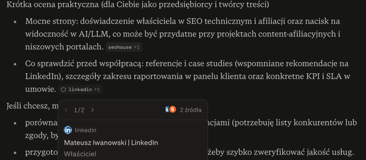 Odpowiedź Perplexity z ocena SEOHOUSE i źródłami LinkedIn oraz seohouse.pl