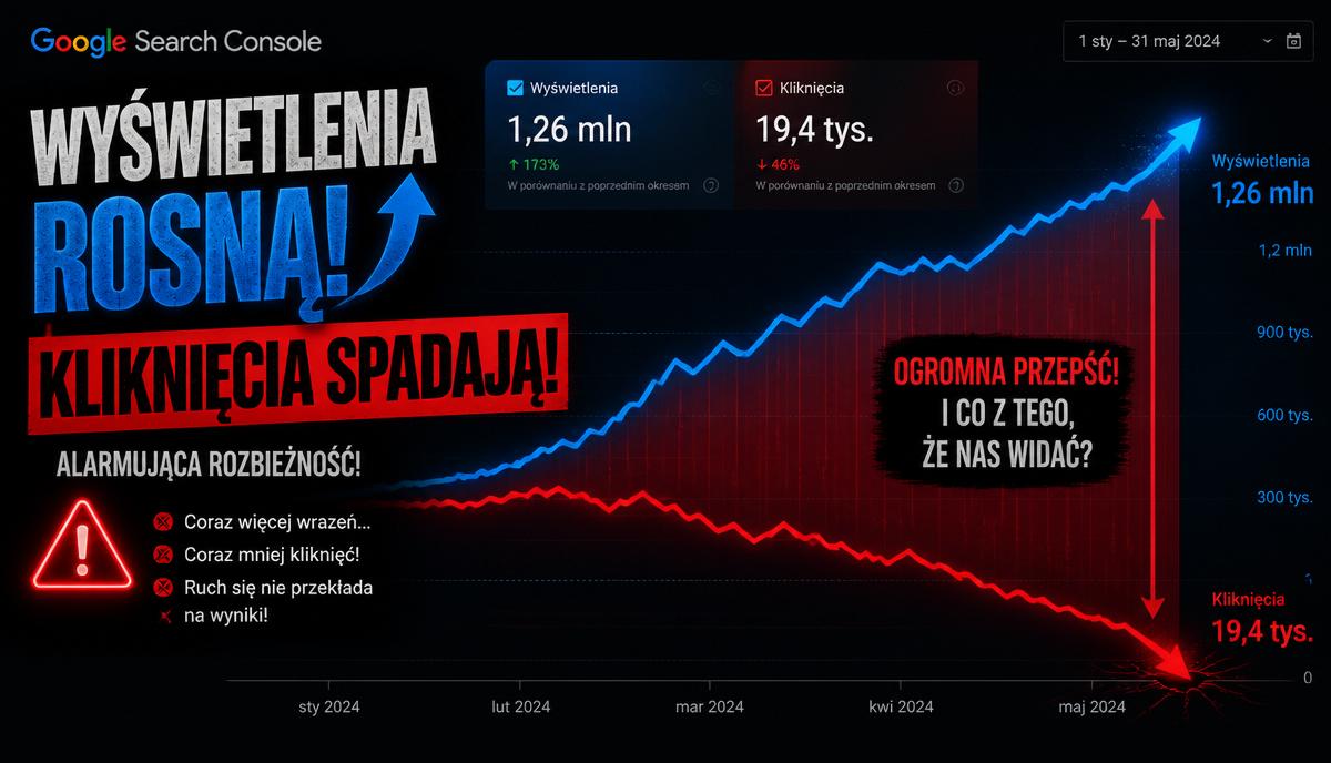 Wykres Google Search Console: wyświetlenia rosną, kliknięcia spadają - rozjazd spowodowany AI Overviews