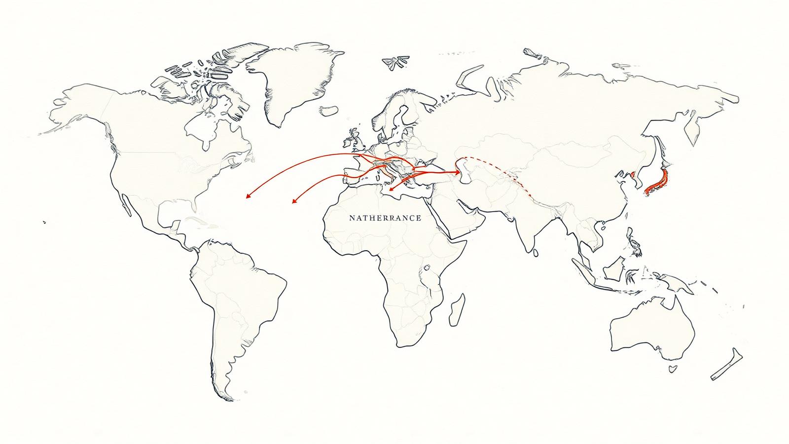 Mapa świata z liniami ruchu z Polski do Niemiec, Wielkiej Brytanii, Holandii i Norwegii – ilustracja ruchu Polonii do polskojęzycznego portalu