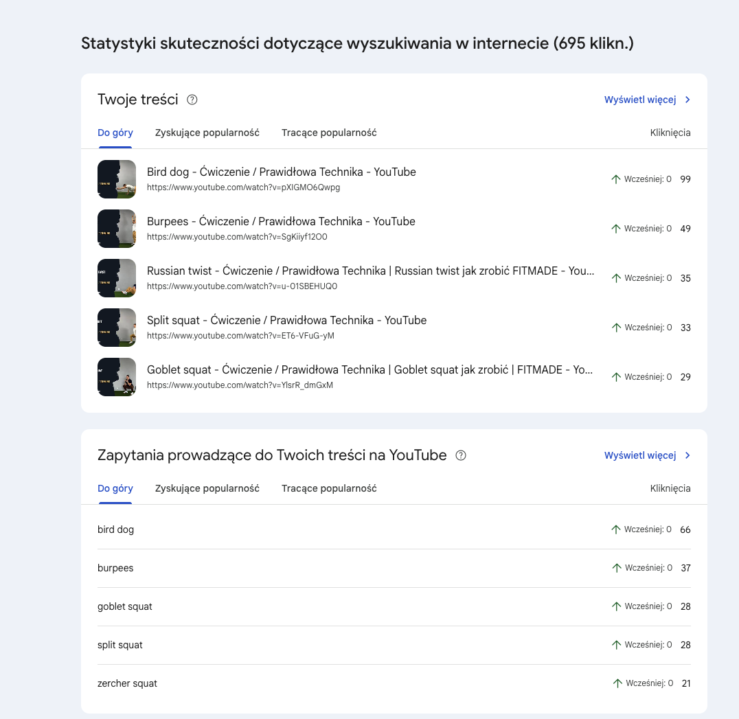 Google Search Console – zapytania prowadzące do treści YouTube FITMADE (bird dog, burpees, goblet squat)